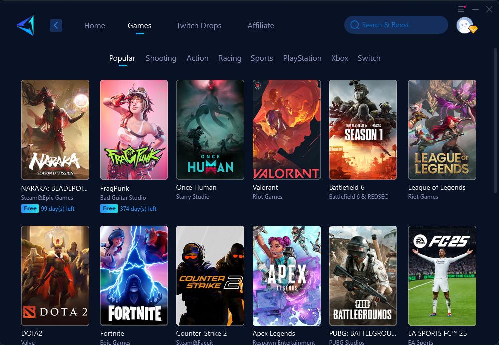 Application GearUP sur Windows : liste des jeux populaires, dont NARAKA et FragPunk boostables gratuitement
