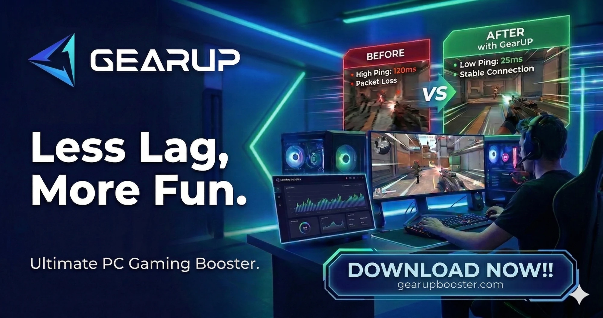GearUP Booster sur PC : ping de 120 ms avec pertes de paquets avant, 25 ms et connexion stable après