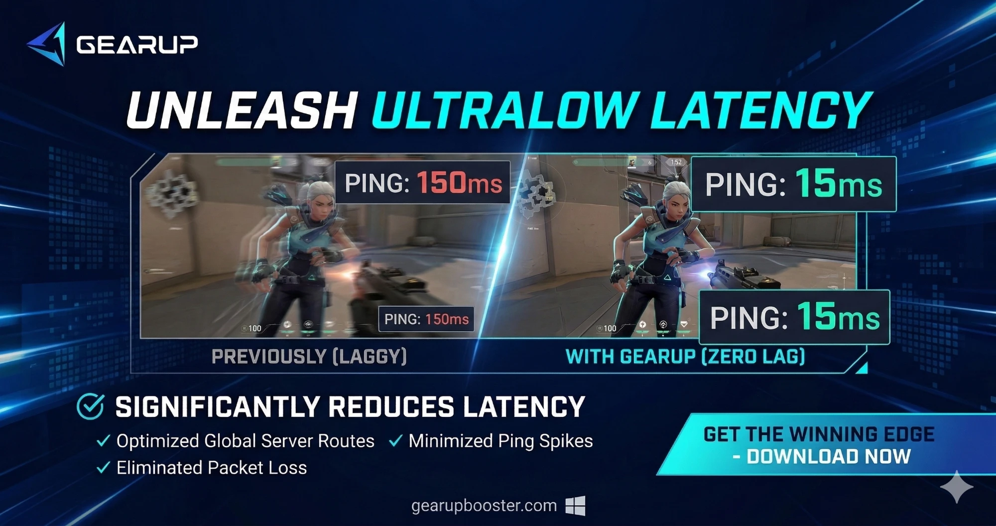 GearUP sur Valorant : ping de 150 ms sans l'outil contre 15 ms avec