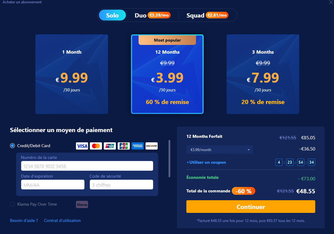 Page de paiement GearUP : 9,99 € pour 1 mois, 7,99 €/mois sur 3 mois, 3,99 €/mois sur 12 mois
